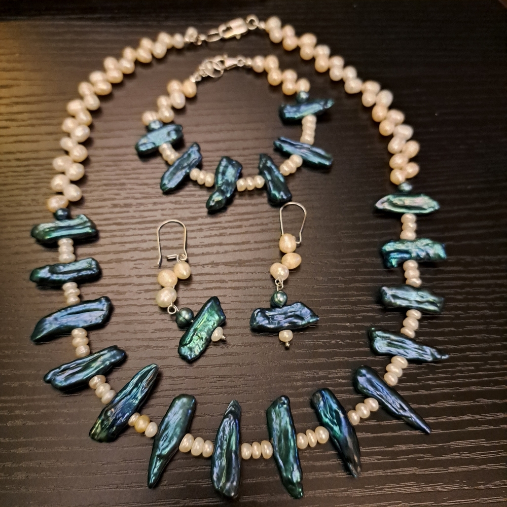 Fancy Teal Biwa Stick & White Freshwater Pearl Necklace, Earring & Bracelet Set